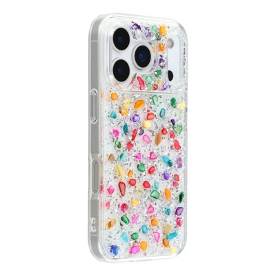 JAUCASE For iPhone 17 Pro Case Natural Colorful Stone Epoxy TPU PC Phone Back Cover - White