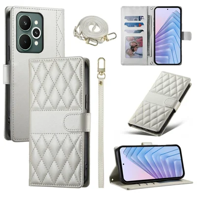 For Realme 15 Pro 5G  /  15 5G Case Rhombus Stitching Wallet Stand Leather Phone Cover with Long  /  Short Strap - Beige