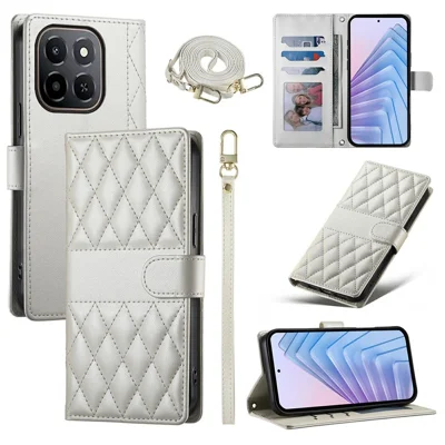 Leather Case For Honor X6c 4G  /  X5b  /  X5b Plus Rhombus Stitching Wallet Stand Phone Cover with Long  /  Short Strap - Beige
