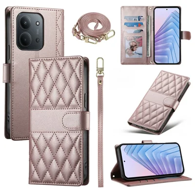Wallet Case for Xiaomi Redmi 15C 4G (Global) (171mm) / Poco C85 4G (171mm) Rhombus Stitching Leather Phone Cover with Long / Short Strap - Rose Gold