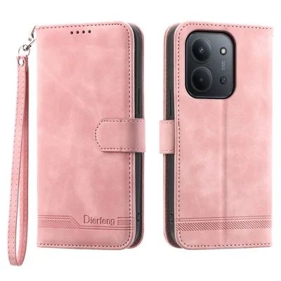 DIERFENG DF-03 til Xiaomi Redmi 15C 5G (EU) (173 mm) / 4G (EU) (173 mm) Task Case med Linjeprægning, Læderetui med Håndtagsrem - Pink