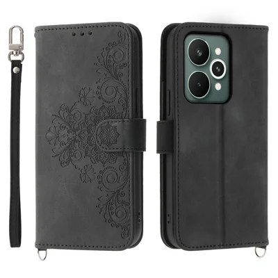 For Realme 15 Pro 5G / 15 5G Case Flower Pattern PU Leather Wallet Phone Cover with Strap - Black