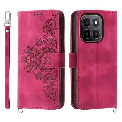 Phone Case for Honor X6c 4G / X5b / X5b Plus Flower Pattern PU Leather Wallet Cover with Strap - Wine Red