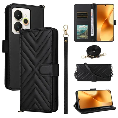 For Realme 15 Pro 5G / 15 5G Case with Shoulder  /  Wrist Strap Leather Phone Cover Stand Wallet - Black