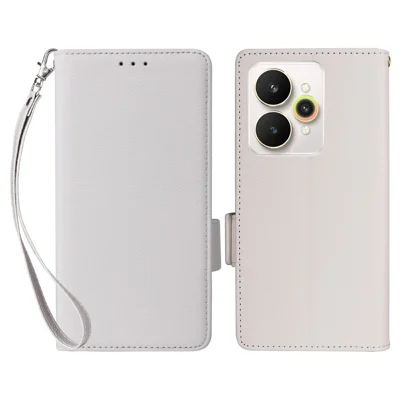 For Realme 15 Pro 5G / 15 5G Case with Wrist Strap Litchi Texture PU Leather Wallet Phone Cover - White