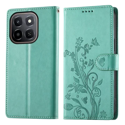 Wallet Case for Honor X6c 4G / X5b / X5b Plus Butterfly Floral Imprint PU Leather Phone Cover with Wrist Strap - Green