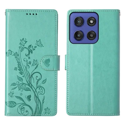 For Motorola Moto G56 5G Wallet Case Butterfly Floral Imprint PU Leather Phone Cover with Wrist Strap - Green