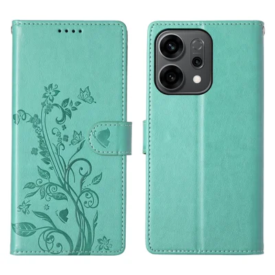 Portemonnee-hoesje voor Oppo Reno14 F 5G met vlinder- en bloemenprint van PU-leer met polsbandje - Groen