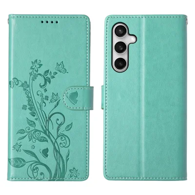 For Samsung Galaxy S25 FE Wallet Case Butterfly Floral Imprint PU Leather Phone Cover with Wrist Strap - Green