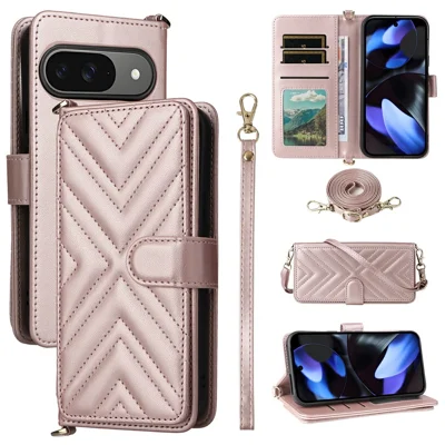 For Google Pixel 10 / 10 Pro Case with Shoulder  /  Wrist Strap Leather Phone Cover Stand Wallet - Pink