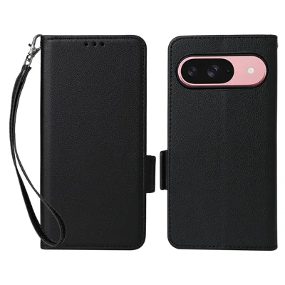 For Google Pixel 10 / 10 Pro Case with Wrist Strap Litchi Texture PU Leather Wallet Phone Cover - Black