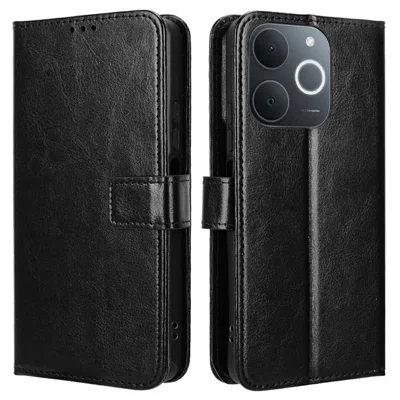 PU Leather Case for Realme Note 70T 4G / Narzo 80 Lite 4G / Realme C71 4G (India) Crazy Horse Texture Phone Wallet Cover with Strap -  Black