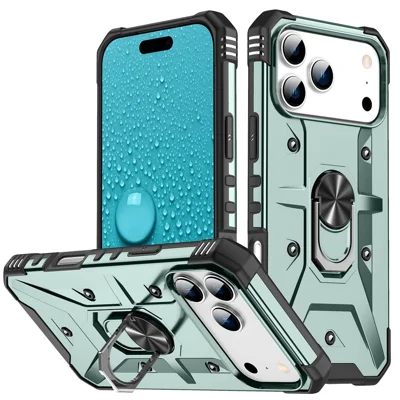 Til iPhone 17 Pro Max Case PC + TPU Anti-drop Telefonbeskyttelse med Ringstativ - Mørkegrøn