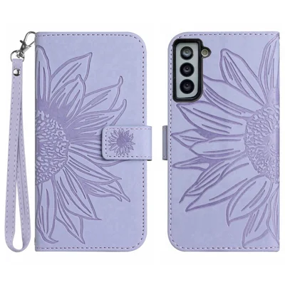 For Samsung Galaxy S22 5G HT04 Phone Case, Full Coverage Skin-Touch PU Leather Imprinted Sunflower Stand Wallet Cover with Hand Strap - Light Purple