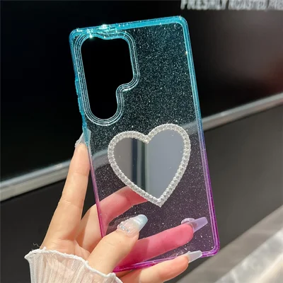 For Samsung Galaxy S25 Ultra Case Glitter Dual Color PC + TPU Clear Phone Cover with Heart-Shape Mirror - Sky Blue / Purple