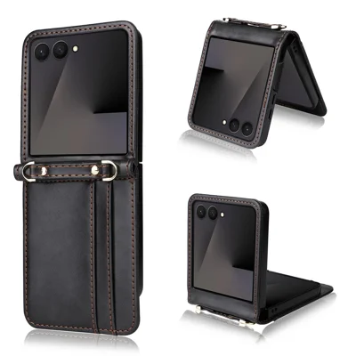 For Samsung Galaxy Z Flip7 5 Case Card Slots Leather Phone Cover with Lanyard - Black