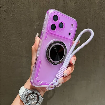 For iPhone 18 Pro / 17 Pro Case Ring Kickstand PC + TPU Translucent Phone Back Cover with Hand Strap - Purple