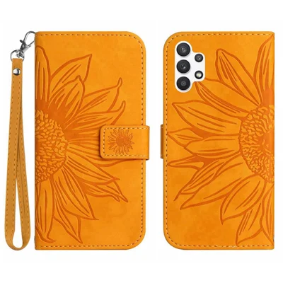 For Samsung Galaxy A32 4G (EU Version) HT04 Skin-Touch PU Leather Full Protection Wallet Case Imprinted Sunflower Adjustable Stand Cover with Hand Strap - Yellow