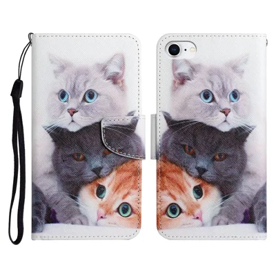 For iPhone SE (2022) / (2020) / 8 / 7 Case Pattern Printing Protective Leather Folio Phone Cover with Wrist Strap - Three Cats