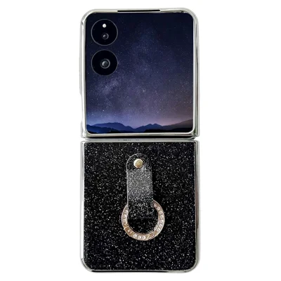 For Xiaomi Mix Flip 2 Case Electroplated Glitter PU Leather + PC Protective Cover with Portable Ring Strap - Black