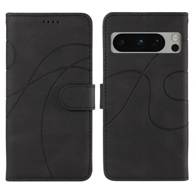 For Google Pixel 8 Pro Wallet Case Leather Phone Cover Stand with Curved Line Design -  Black