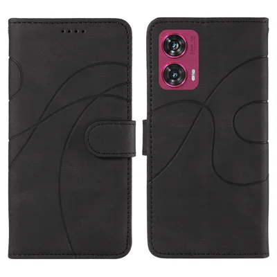For Motorola Edge 50 Fusion 5G Wallet Case Leather Phone Cover Stand with Curved Line Design -  Black
