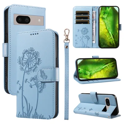For Google Pixel 8a Leather Wallet Case with Strap Dandelion Imprint Phone Stand Cover - Sky Blue