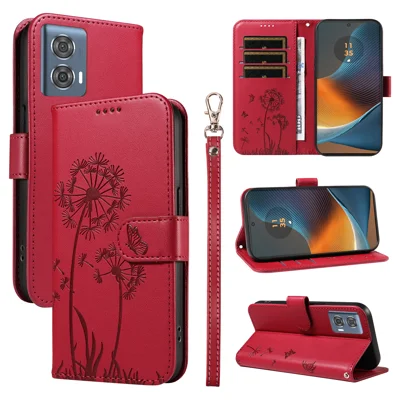 For Motorola Edge 50 Fusion 5G Leather Wallet Case with Strap Dandelion Imprint Phone Stand Cover - Red