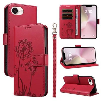 For iPhone 17e / 16e Leather Wallet Case with Strap Dandelion Imprint Phone Stand Cover - Red