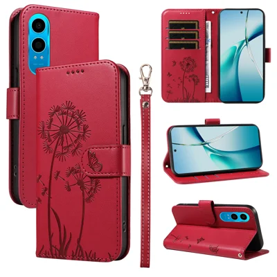 For Oppo K12x 5G (China) / OnePlus Nord CE4 Lite 5G Leather Wallet Case with Strap Dandelion Imprint Phone Stand Cover - Red