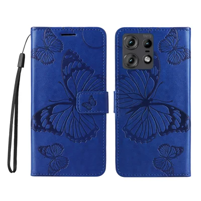 For Motorola Edge 50 Pro 5G Wallet Case Floral Butterfly Imprinted Leather Phone Cover Stand - Blue