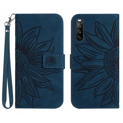 Voor Sony Xperia 10 IV 5G HT04 telefoonhoesje, met kussentje voor schokabsorptie, huidgevoelige PU-leer met zonnebloemprint, standaard portemonneebeugel met handband - donkerblauw