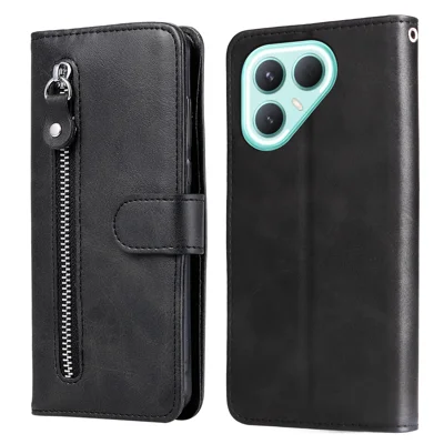 For TECNO Pova 7 Pro 5G PU Leather Cases with Zipper Pocket Wallet Phone Cover Stand - Black