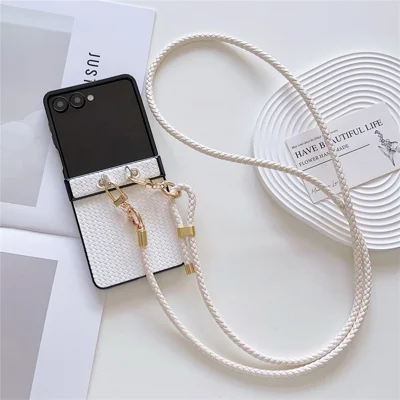 For Samsung Galaxy Z Flip7 5G Case Straw Mat Texture TPU + PC Phone Cover with Woven Crossbody Strap - White