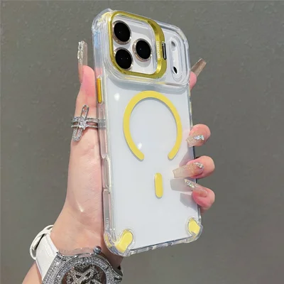 For iPhone 18 Pro / 17 Pro Magnetic Case TPU PC Clear Kickstand Phone Cover with Tempered Glass Lens Films - Yellow