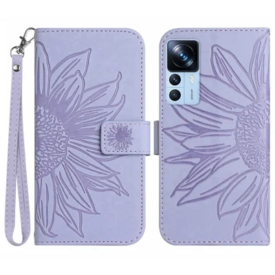 For Xiaomi 12T 5G / 12T Pro 5G / Redmi K50 Ultra 5G HT04 Imprinted Sunflower Stand Wallet Phone Case Skin-touch PU Leather Anti-drop Cover with Strap - Light Purple