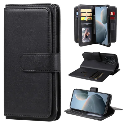 For Xiaomi 14T Leather Case with 10 Card Holder Phone Cover Stand - Black