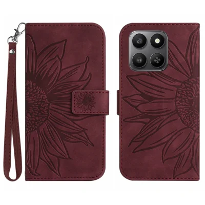 For Honor 400 Smart 5G / 4G / X7d 4G Case Sunflower Imprint Leather Wallet Phone Cover with Wrist Strap - Wine Red