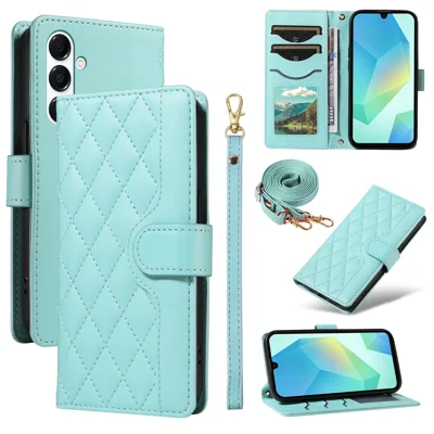 For Samsung Galaxy A18 5G / A18 4G A17 5G / A17 4G / A26 5G / A16 5G / A16 4G  Wallet Case Rhombus Leather Phone Cover with Strap - Green