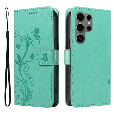 För Samsung Galaxy S25 Ultra PU-läder Etui Blommönster Plånbok Ställbara Mobilskal med Rem - Grön
