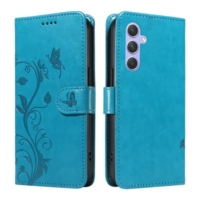 For Samsung Galaxy A54 5G PU Leather Cases Flower Pattern Wallet Stand Phone Cover with Strap - Blue