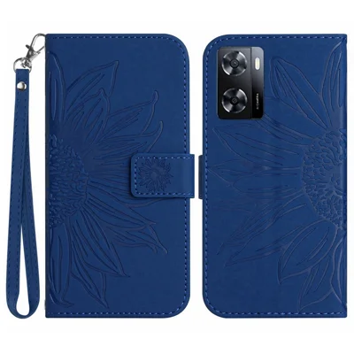 For Oppo A57 4G / A57s 4G / A57 (2022) 5G / A77 4G / A77 5G Skin-Touch Feeling Flip Phone Case, Imprinted Sunflower Stand PU Leather Magnetic Wallet Cover with Strap - Sapphire