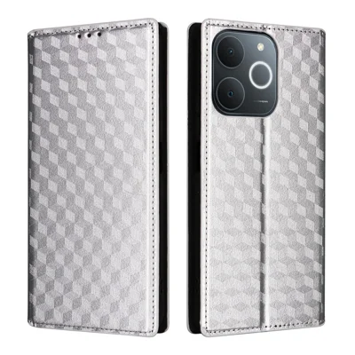 Leather Case for Realme Note 70T 4G / Note 70 4G / Narzo 80 Lite 4G / Realme C71 4G (India) Wallet Rhombus Imprinted Phone Cover - Silver