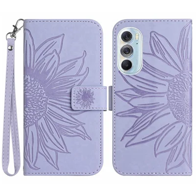 For Motorola Edge 30 Pro (Motorola Edge+ (2022)) Well-protected Imprinted Sunflower PU Leather Case Stand Wallet Skin-touch Phone Cover with Strap - Light Purple
