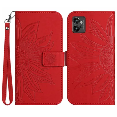 PU Leather Imprinted Sunflower Case for Motorola Moto G32 4G, Stand Wallet Skin-touch Magnetic Clasp Phone Cover with Strap - Red