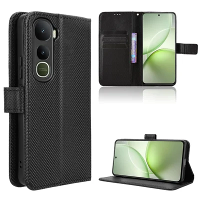 For vivo Y400 5G / vivo Y400 4G Leather Wallet Case with Strap Diamond Texture Phone Cover - Black