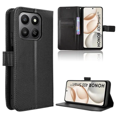For Honor 400 Smart 5G / 4G / X7d 4G Leather Wallet Case with Strap Diamond Texture Phone Cover - Black