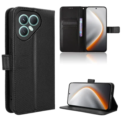 For TECNO Pova 7 Pro 5G Leather Wallet Case with Strap Diamond Texture Phone Cover - Black