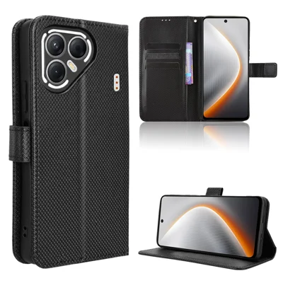 For TECNO Pova 7 5G Leather Wallet Case with Strap Diamond Texture Phone Cover - Black