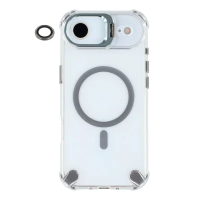 For iPhone Air Magnetic Clear Case Shockproof Hybrid Phone Shell with Camera Lens Frame Kickstand - Grey